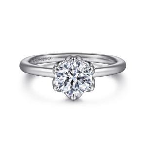 Gabriel & Co. ER15761R4W4JJJ 14 karat white gold Classic engagement ring, front view of a round center in a scalloped, flower shaped head on a plain band