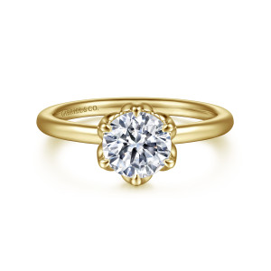 Gabriel & Co. ER15761R4Y4JJJ 14 karat yellow gold Classic engagement ring, front view of a round center held by rounded petal prongs above a smooth band