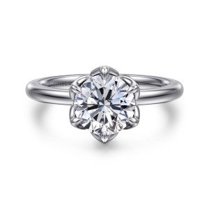 Gabriel & Co. ER15761R6W4JJJ 14 karat white gold Classic engagement ring, front view of a round center gathered in six petal shaped claws