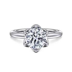 Gabriel & Co. ER15761R8W4JJJ 14 karat white gold Classic engagement ring, front view of a round center held by curved petal prongs in a flower like outline