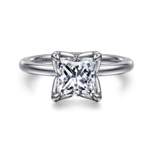 Gabriel & Co. ER15761S6W4JJJ 14 karat white gold Classic engagement ring, front view of a princess cut center gripped at each corner by rounded claws