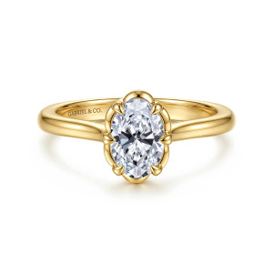 Gabriel & Co. ER15762O3Y4JJJ 14 karat yellow gold Floral Nouveau engagement ring, front view of an upright oval center inside a scalloped metal rim with bud shaped prongs