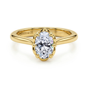 Gabriel & Co. ER15762O4Y4JJJ 14 karat yellow gold Floral Nouveau engagement ring, front view of an oval center inside a scalloped collar edged with small teardrop tipped prongs