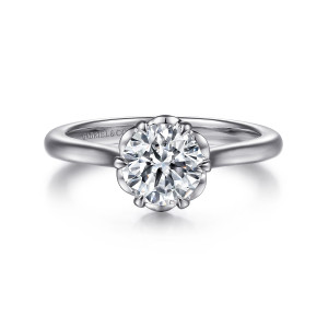 Gabriel & Co. ER15762R4PTJJJ platinum Floral Nouveau engagement ring, front view of a round center inside a scalloped petal collar on a smooth band