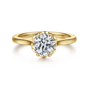 Gabriel & Co. ER15762R4Y4JJJ 14 karat yellow gold Floral Nouveau engagement ring, front view of a round center inside a petal edged collar with a prong at each lobe