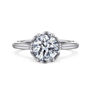 Gabriel & Co. ER15762R6W4JJJ 14 karat white gold Floral Nouveau engagement ring, front view of a round center inside a scalloped petal frame with a pointed prong at each dip