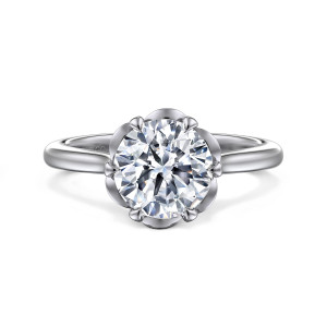 Gabriel & Co. ER15762R8W4JJJ 14 karat white gold Floral Nouveau engagement ring, front view of a round center ringed by a scalloped petal collar and slim rounded tip prongs
