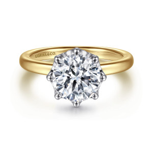Gabriel & Co. ER15763R8M44JJ 14 karat white and yellow gold Victorian engagement ring, front view of a round center held by a ring of ball tipped prongs