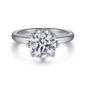 Gabriel & Co. ER15763R8W44JJ 14 karat white gold Victorian engagement ring, front view of the round center held by eight ball tipped prongs with a milgrain edged seat