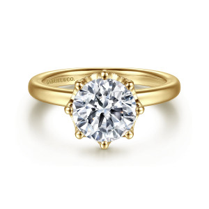 Gabriel & Co. ER15763R8Y44JJ 14 karat yellow gold Victorian engagement ring, front view of a round center ringed by eight ball tipped prongs and a beaded rim