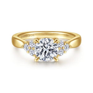 Gabriel & Co. ER15771R4Y44JJ 14 karat yellow gold Contemporary engagement ring, front view of a round center between two clusters of round diamonds on tapered shoulders
