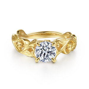 Gabriel & Co. ER15781R4Y4JJJ 14 karat yellow gold Floral Nouveau engagement ring, front view of a round center held by four pointed prongs between curling vine scrolls