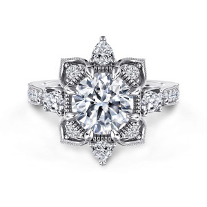 Gabriel & Co. ER15783R8W44JJ 14 karat white gold Floral Nouveau engagement ring, front view of a star shaped burst of petals around a squared beaded frame holding the round center