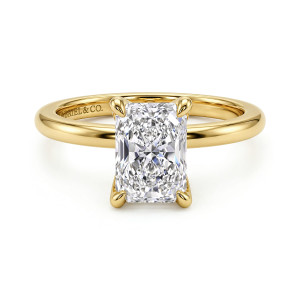 Gabriel & Co. ER15802N8Y44JJ 14 karat yellow gold Classic engagement ring, front view of a radiant cut center in slender claw prongs on a thin polished band