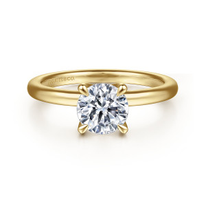 Gabriel & Co. ER15802R4Y44JJ 14 karat yellow gold Classic engagement ring, front view of a round center held by slender teardrop tipped prongs on a smooth plain band