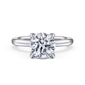 Gabriel & Co. ER15802R8W44JJ 14 karat white gold Classic engagement ring, front view of a round center held by four claw prongs above a smooth rounded band