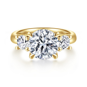 Gabriel & Co. ER15820R12Y44JJ 14 karat yellow gold Classic engagement ring, front view of a round center between round side stones, each held in tall prongs
