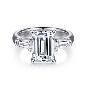 Gabriel & Co. ER15840E12W43JJ 14 karat white gold Classic engagement ring, front view of a rectangular emerald cut center between two tapered baguettes on a broad band
