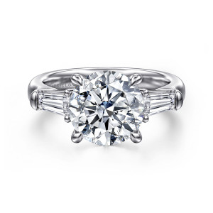 Gabriel & Co. ER15840R12W43JJ 14 karat white gold Classic engagement ring, front view of a round center between tapered baguettes with bead prongs at their corners