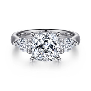 Gabriel & Co. ER15841C12W44JJ 14 karat white gold Classic engagement ring, front view of a cushion center with a pear shaped side stone turned outward on each side