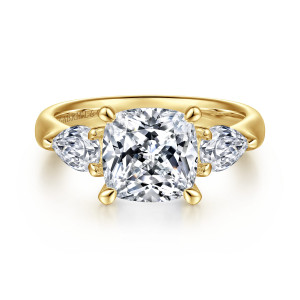 Gabriel & Co. ER15841C12Y44JJ 14 karat yellow gold Classic engagement ring, front view of a cushion center in four prongs beside two outward pointing pear stones