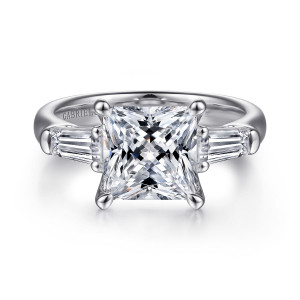 Gabriel & Co. ER15842S12W43JJ 14 karat white gold Classic engagement ring, front view of a square center in four corner prongs with a tapered baguette at each side