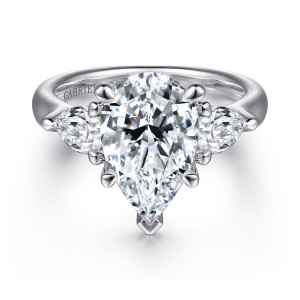 Gabriel & Co. ER15844P12W44JJ 14 karat white gold Classic engagement ring, front view of a pear shaped center with a pointed tip prong between pear shaped side stones