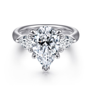Gabriel & Co. ER15844P12W84JJ 18 karat white gold Classic engagement ring, front view of the large pear center with a pear shaped side diamond pointing outward on each side