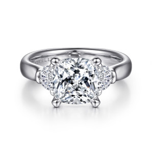 Gabriel & Co. ER15846C12W83JJ 18 karat white gold Classic engagement ring, front view of half moon side diamonds tucked against the cushion center and four pointed claw prongs