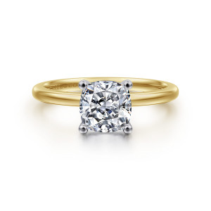 Gabriel & Co. ER15960C6M4JJJ 14 karat white and yellow gold Classic engagement ring, front view of the cushion center held at its corners by round tipped prongs on a thin band