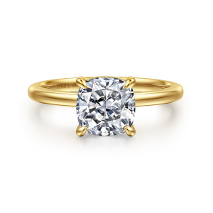 Gabriel & Co. ER15960C8Y4JJJ 14 karat yellow gold Classic engagement ring, front view of a cushion cut center held by four rounded claws over a slim band