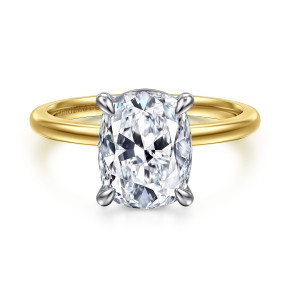 Gabriel & Co. ER15960G12M4JJJ 14 karat white and yellow gold Classic engagement ring, front view of an elongated cushion center held by four rounded claws on a smooth band