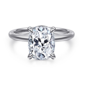 Gabriel & Co. ER15960G12W4JJJ 14 karat white gold Classic engagement ring, front view of an elongated cushion center held by rounded claw prongs with teardrop tips