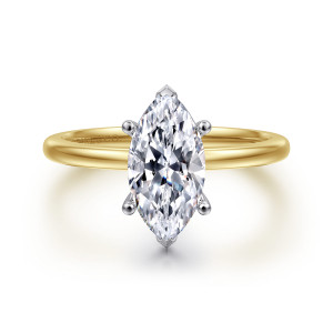 Gabriel & Co. ER15960M6M4JJJ 14 karat white and yellow gold Classic engagement ring, front view of a marquise center with pointed V tips at both ends and prongs at the sides