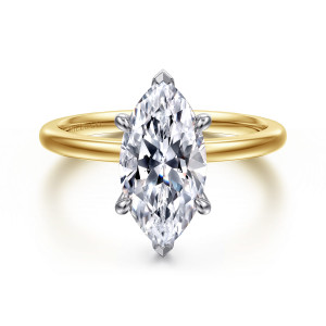 Gabriel & Co. ER15960M8M4JJJ 14 karat white and yellow gold Classic engagement ring, front view of a pointed marquise center with V shaped tip prongs and rounded side prongs