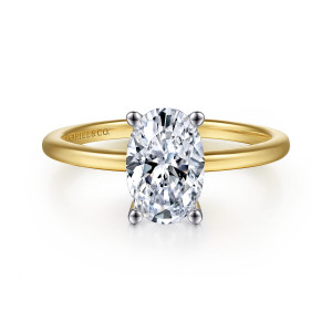 Gabriel & Co. ER15960O6M4JJJ 14 karat white and yellow gold Classic engagement ring, front view of an oval center held by four rounded prong tips