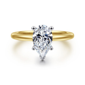 Gabriel & Co. ER15960P6M4JJJ 14 karat white and yellow gold Classic engagement ring, front view of a pear shaped center with ball tipped prongs and a V tip at the point