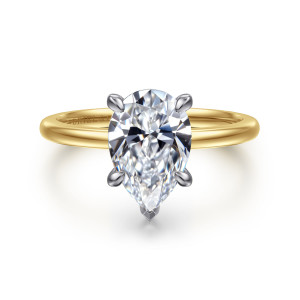 Gabriel & Co. ER15960P8M4JJJ 14 karat white and yellow gold Classic engagement ring, front view of a pear shaped center held by four rounded claws and a pointed tip prong