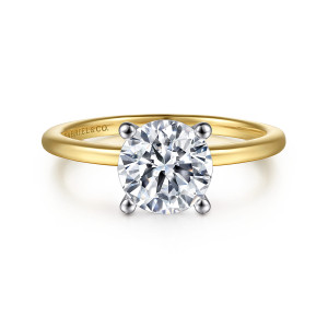 Gabriel & Co. ER15960R6M4JJJ 14 karat white and yellow gold Classic engagement ring, front view of a round center held by four rounded prongs on a thin smooth band
