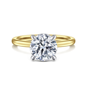 Gabriel & Co. ER15960R8M4JJJ 14 karat white and yellow gold Classic engagement ring, front view of a round center held by four prongs in a tone that contrasts with the band