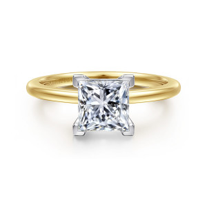Gabriel & Co. ER15960S6M4JJJ 14 karat white and yellow gold Classic engagement ring, front view of a princess cut center gripped at its corners by flat squared prongs