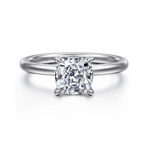 Gabriel & Co. ER15972C6W44JJ 14 karat white gold Classic engagement ring, front view of a cushion cut seat with four rounded corner claws on a smooth polished band
