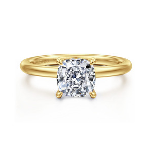 Gabriel & Co. ER15972C6Y44JJ 14 karat yellow gold Classic engagement ring, front view of a cushion cut center in four teardrop tipped prongs on a plain band