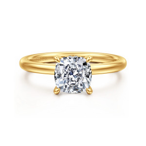 Gabriel & Co. ER15972C6Y84JJ 18 karat yellow gold Classic engagement ring, front view of a cushion cut center in four rounded prongs on a smooth plain band