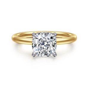 Gabriel & Co. ER15972C8M44JJ 14 karat white and yellow gold Classic engagement ring, front view of a cushion cut center in a cool toned head on a smooth warm toned band