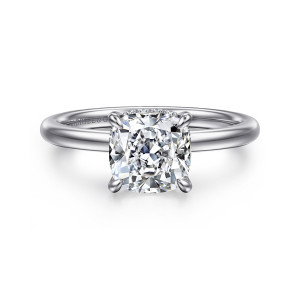Gabriel & Co. ER15972C8W44JJ 14 karat white gold Classic engagement ring, front view of a cushion cut center in four prongs on a plain, smooth band