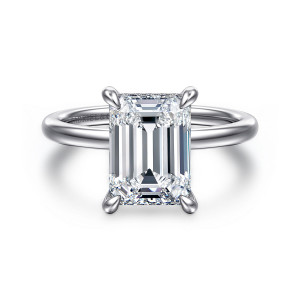 Gabriel & Co. ER15972E12W44JJ 14 karat white gold Classic engagement ring, front view of an emerald cut center in four teardrop shaped prongs on a smooth plain band