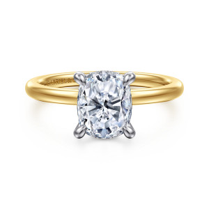Gabriel & Co. ER15972G8M44JJ 14 karat white and yellow gold Classic engagement ring, front view of an elongated cushion center in rounded prongs above a smooth plain band