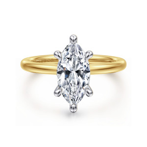 Gabriel & Co. ER15972M6M44JJ 14 karat white and yellow gold Classic engagement ring, front view of a marquise center held by six claw prongs above a smooth plain band