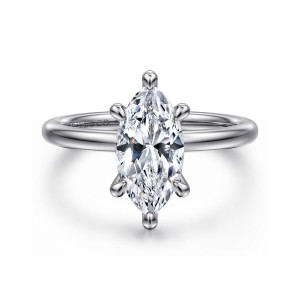 Gabriel & Co. ER15972M6PT4JJ platinum Classic engagement ring, front view of a marquise center gripped by six rounded tip prongs above a plain band